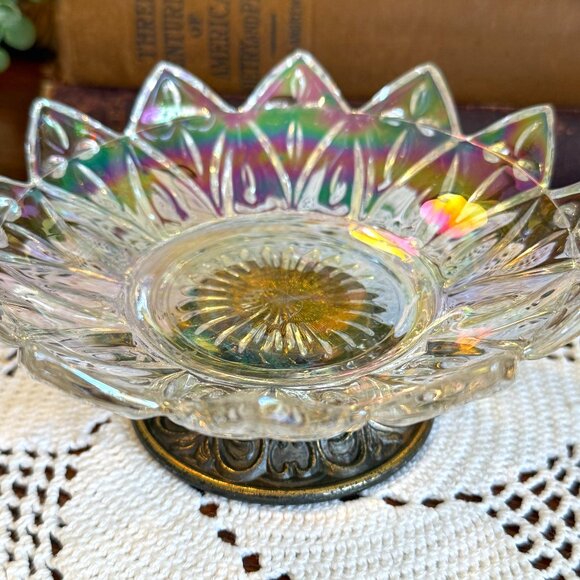 Vintage Iridescent Footed Crystal Candy Dish - Picture 4 of 13